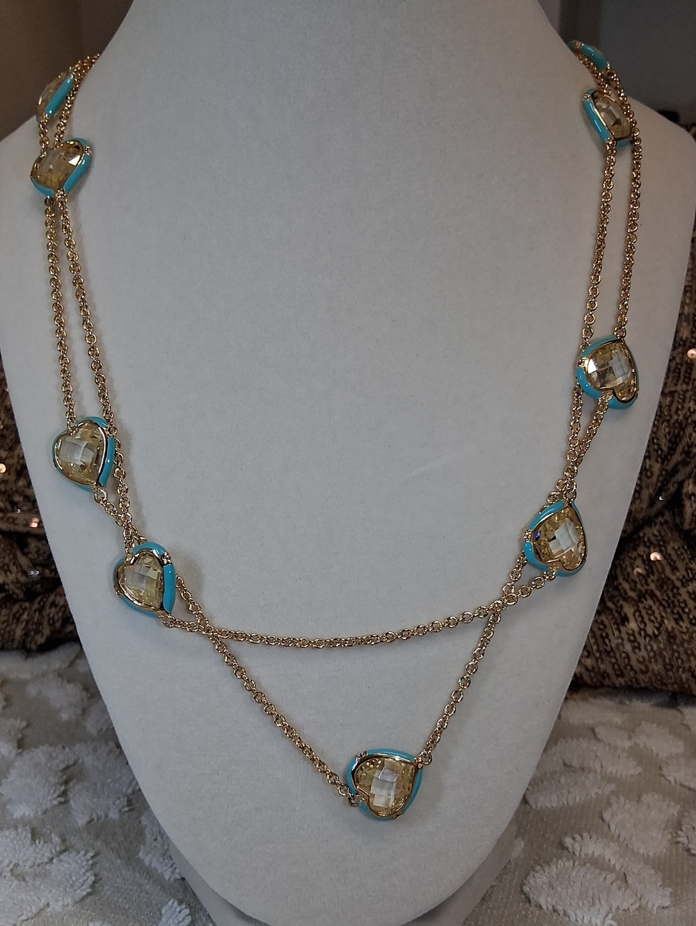 Lauren G Adams   18kt Gold Plated Necklace with Crystal Citrine Color Hearts